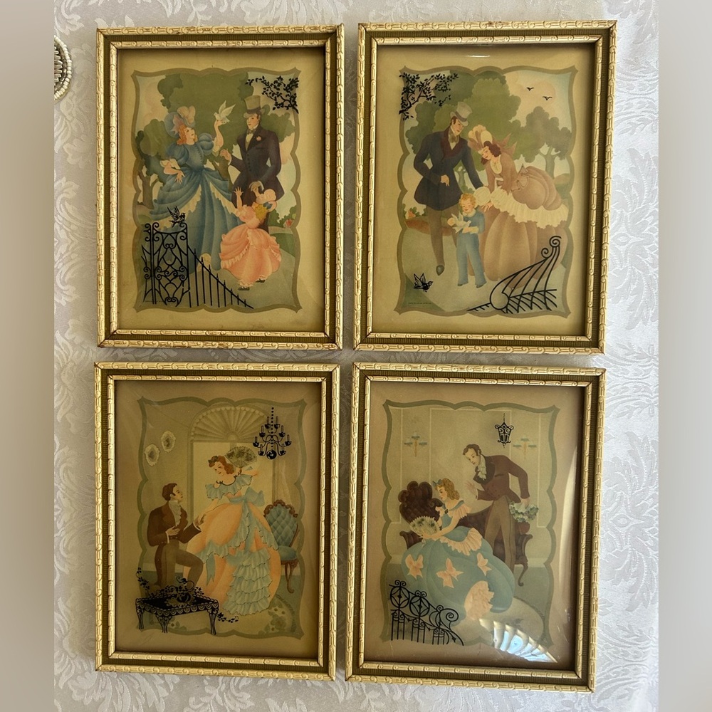 4 Vintage Curved Glass Framed Reverse Painted Silhouettes